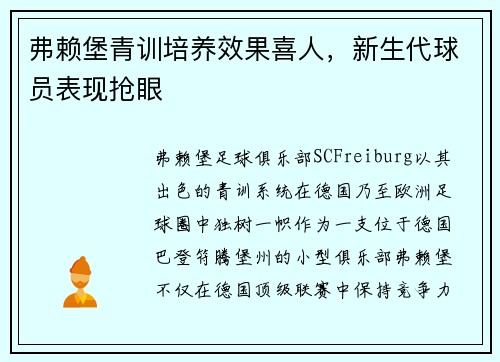 弗赖堡青训培养效果喜人，新生代球员表现抢眼