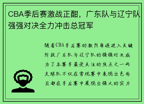 CBA季后赛激战正酣，广东队与辽宁队强强对决全力冲击总冠军