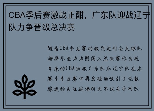 CBA季后赛激战正酣，广东队迎战辽宁队力争晋级总决赛