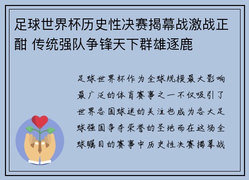 足球世界杯历史性决赛揭幕战激战正酣 传统强队争锋天下群雄逐鹿