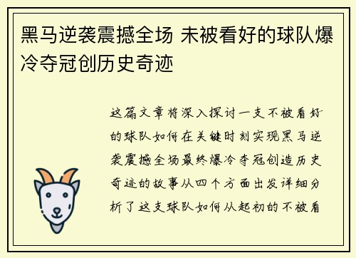 黑马逆袭震撼全场 未被看好的球队爆冷夺冠创历史奇迹