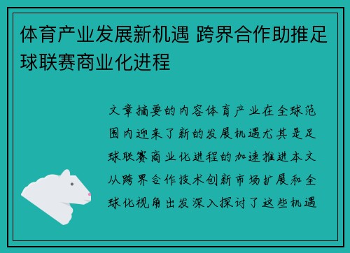 体育产业发展新机遇 跨界合作助推足球联赛商业化进程