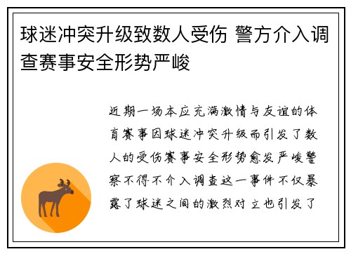 球迷冲突升级致数人受伤 警方介入调查赛事安全形势严峻