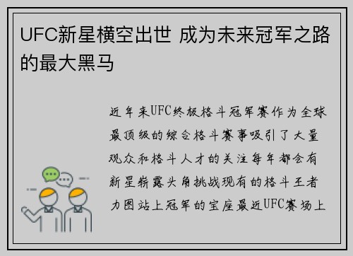 UFC新星横空出世 成为未来冠军之路的最大黑马