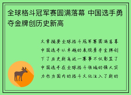 全球格斗冠军赛圆满落幕 中国选手勇夺金牌创历史新高